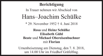 Todesanzeige von Hans-Joachim Schülke von merkurtz