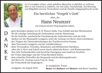 Todesanzeige von Hans Neunzer von merkurtz