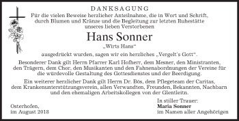 Todesanzeige von Hans Sonner von merkurtz