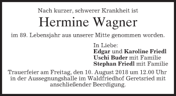 Todesanzeige von Hermine Wagner von merkurtz