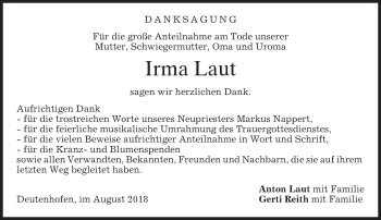 Todesanzeige von Irma Laut von merkurtz