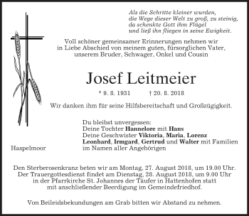 Todesanzeige von Josef Leitmeier von merkurtz