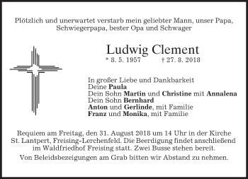 Todesanzeige von Ludwig Clement von merkurtz