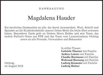 Todesanzeige von Magdalena Hauder von merkurtz