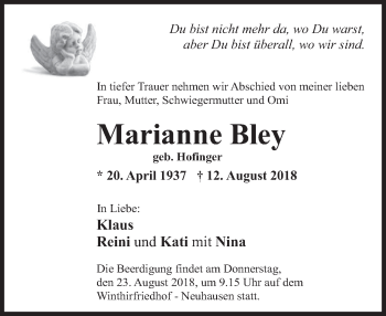 Todesanzeige von Marianne Bley von merkurtz