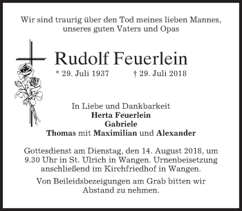 Todesanzeige von Rudolf Feuerlein von merkurtz