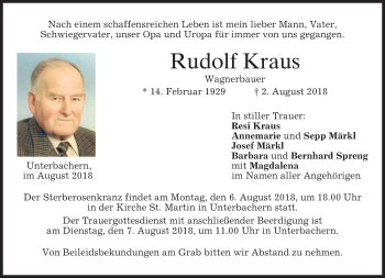 Todesanzeige von Rudolf Kraus von merkurtz