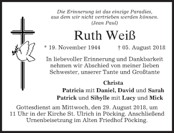Todesanzeige von Ruth Weiß von merkurtz