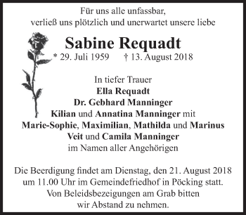 Todesanzeige von Sabine Requadt von merkurtz