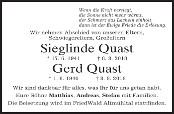 Todesanzeige von Sieglinde und Gerd Quast von merkurtz