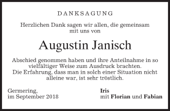 Todesanzeige von Augustin Janisch von merkurtz