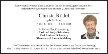 Todesanzeige von Christa Rödel von merkurtz