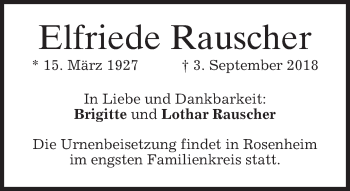 Todesanzeige von Elfriede Rauscher von merkurtz