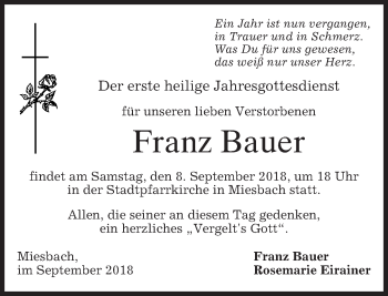 Todesanzeige von Franz Bauer von merkurtz