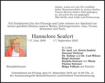 Todesanzeige von Hannelore Seufert von merkurtz