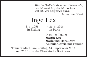 Todesanzeige von Inge Lex von merkurtz