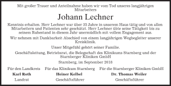 Todesanzeige von Johann Lechner von merkurtz