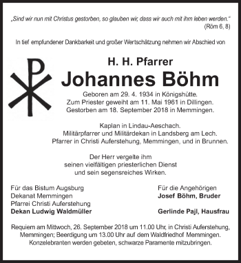 Todesanzeige von Johannes Böhm von merkurtz