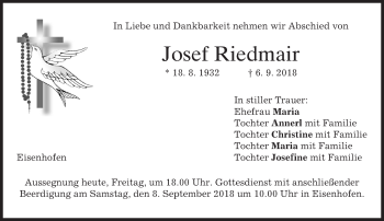Todesanzeige von Josef Riedmair von merkurtz