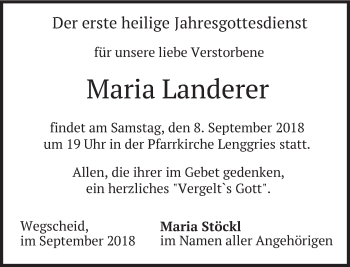 Todesanzeige von Maria Landerer von merkurtz