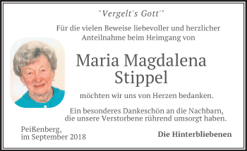 Todesanzeige von Maria Magdalena Stippel von merkurtz