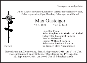 Todesanzeige von Max Gasteiger von merkurtz