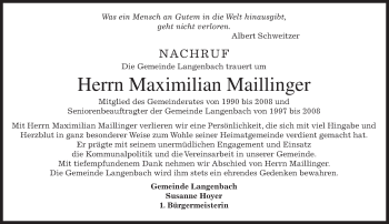 Todesanzeige von Maximilian Maillinger von merkurtz