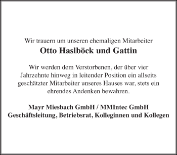Todesanzeige von Otto Haslböck von merkurtz