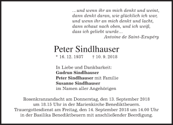 Todesanzeige von Peter Sindlhauser von merkurtz