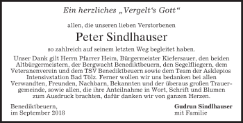 Todesanzeige von Peter Sindlhauser von merkurtz