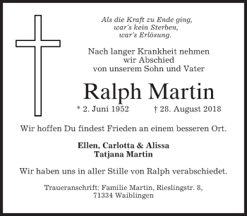 Todesanzeige von Ralph Martin von merkurtz