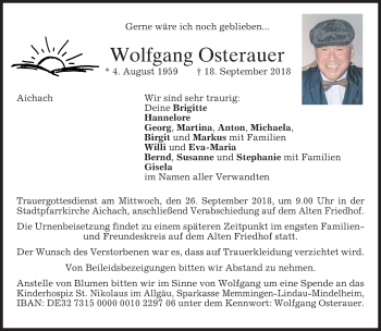 Todesanzeige von Wolfgang Osterauer von merkurtz