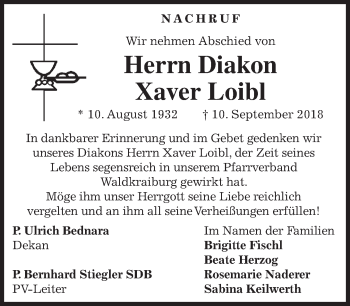 Todesanzeige von Xaver Loibl von merkurtz