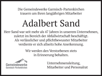 Todesanzeige von Adalbert Sand von merkurtz
