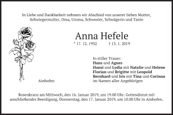 Todesanzeige von Anna Hefele von merkurtz
