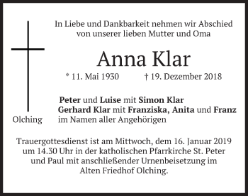 Todesanzeige von Anna Klar von merkurtz