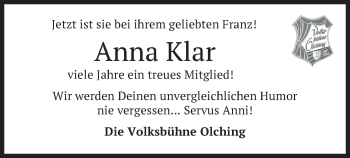 Todesanzeige von Anna Klar von merkurtz