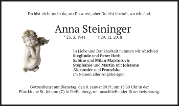 Todesanzeige von Anna Steininger von merkurtz