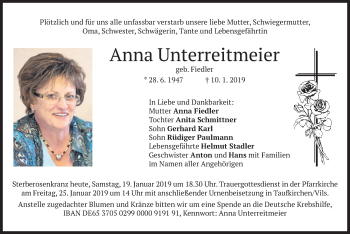 Todesanzeige von Anna Unterreitmeier von merkurtz