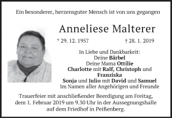 Todesanzeige von Anneliese Malterer von merkurtz