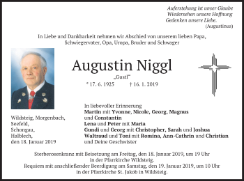 Todesanzeige von Augustin Niggl von merkurtz