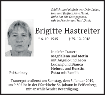 Todesanzeige von Brigitte Hastreiter von merkurtz