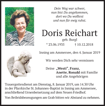 Todesanzeige von Doris Reichart von merkurtz