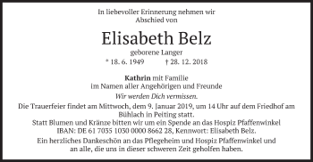 Todesanzeige von Elisabeth Belz von merkurtz