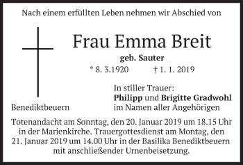 Todesanzeige von Emma Breit von merkurtz