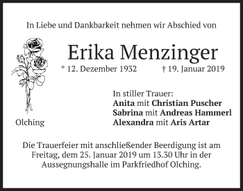 Todesanzeige von Erika Menzinger von merkurtz