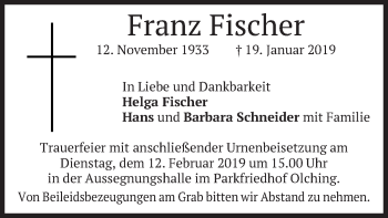Todesanzeige von Franz Fischer von merkurtz
