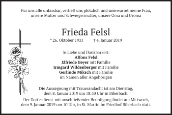 Todesanzeige von Frieda Felsl von merkurtz