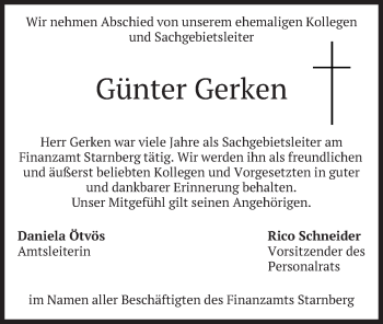 Todesanzeige von Günter Gerken von merkurtz