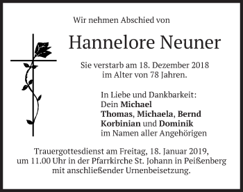 Todesanzeige von Hannelore Neuner von merkurtz